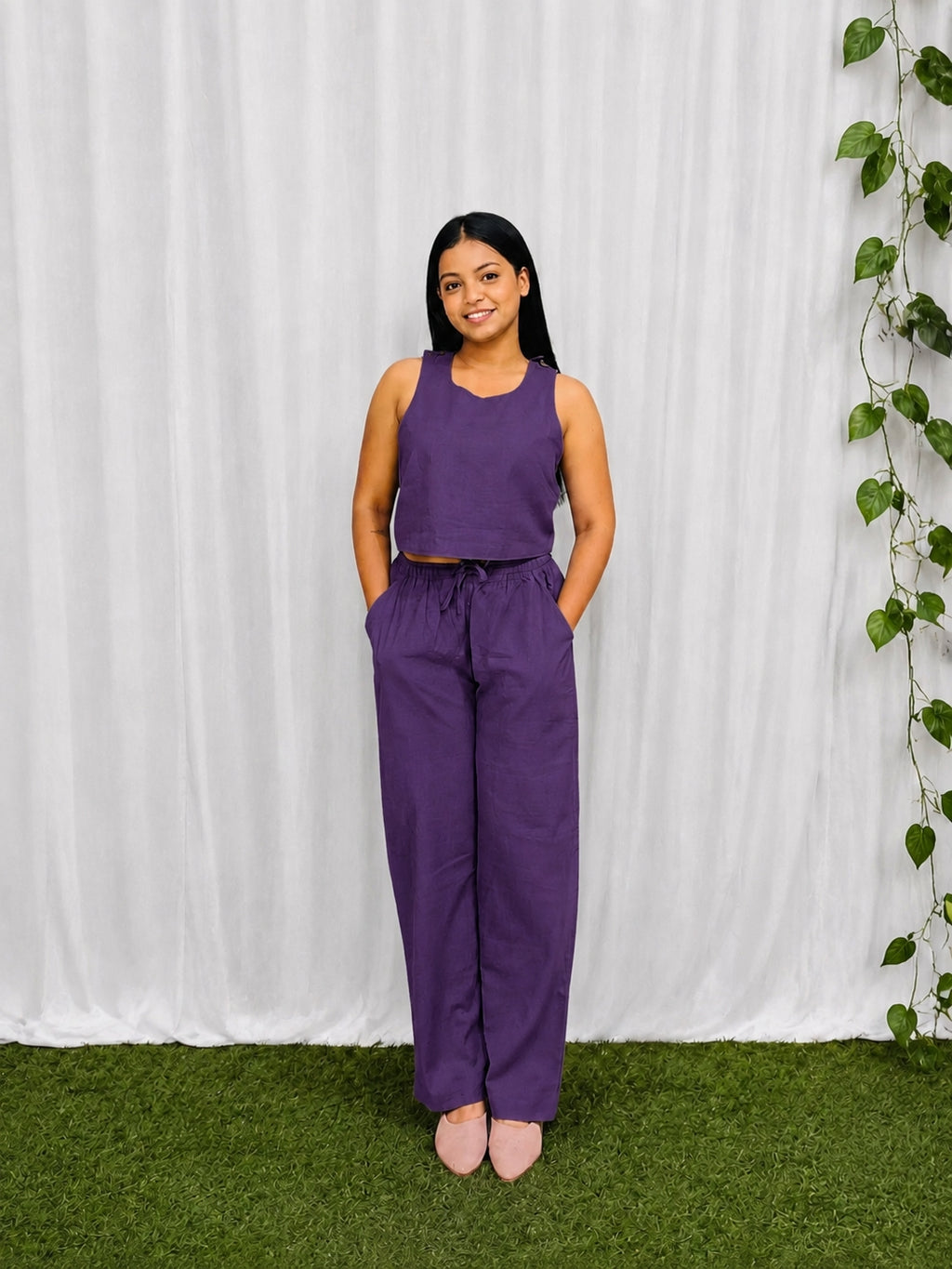 Purple Cotton Cross Back top and Bottom Set