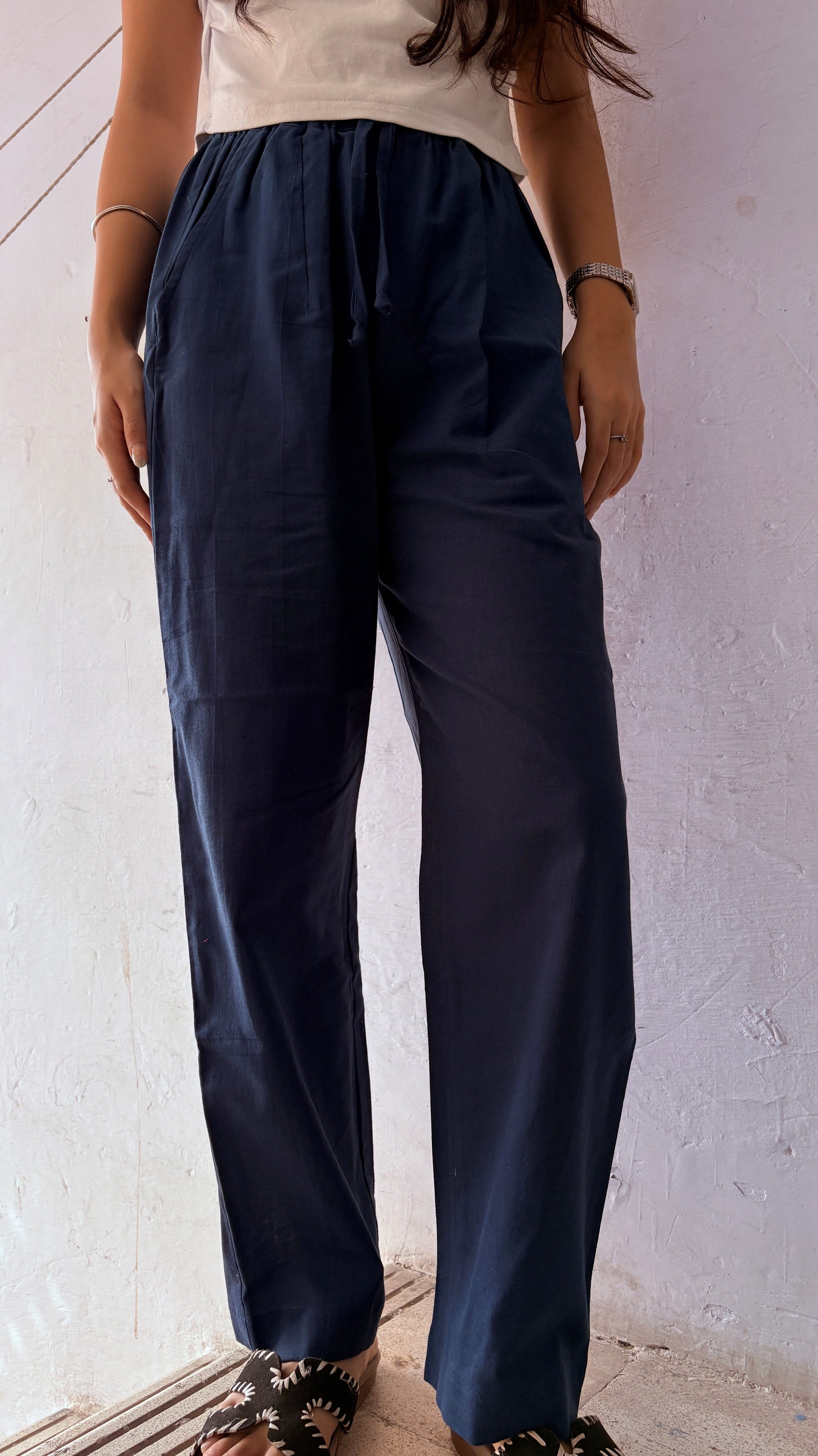 Women Cotton Flex Relaxed Straight Fit Navy Blue Trousers
