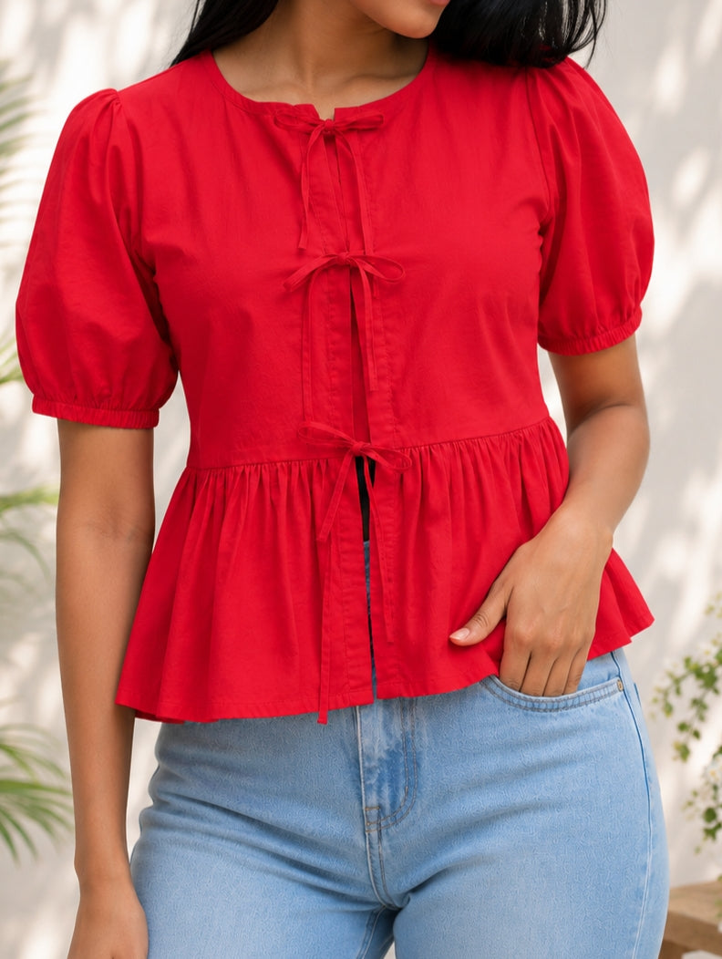 Red Poplin Peplum Bow Top