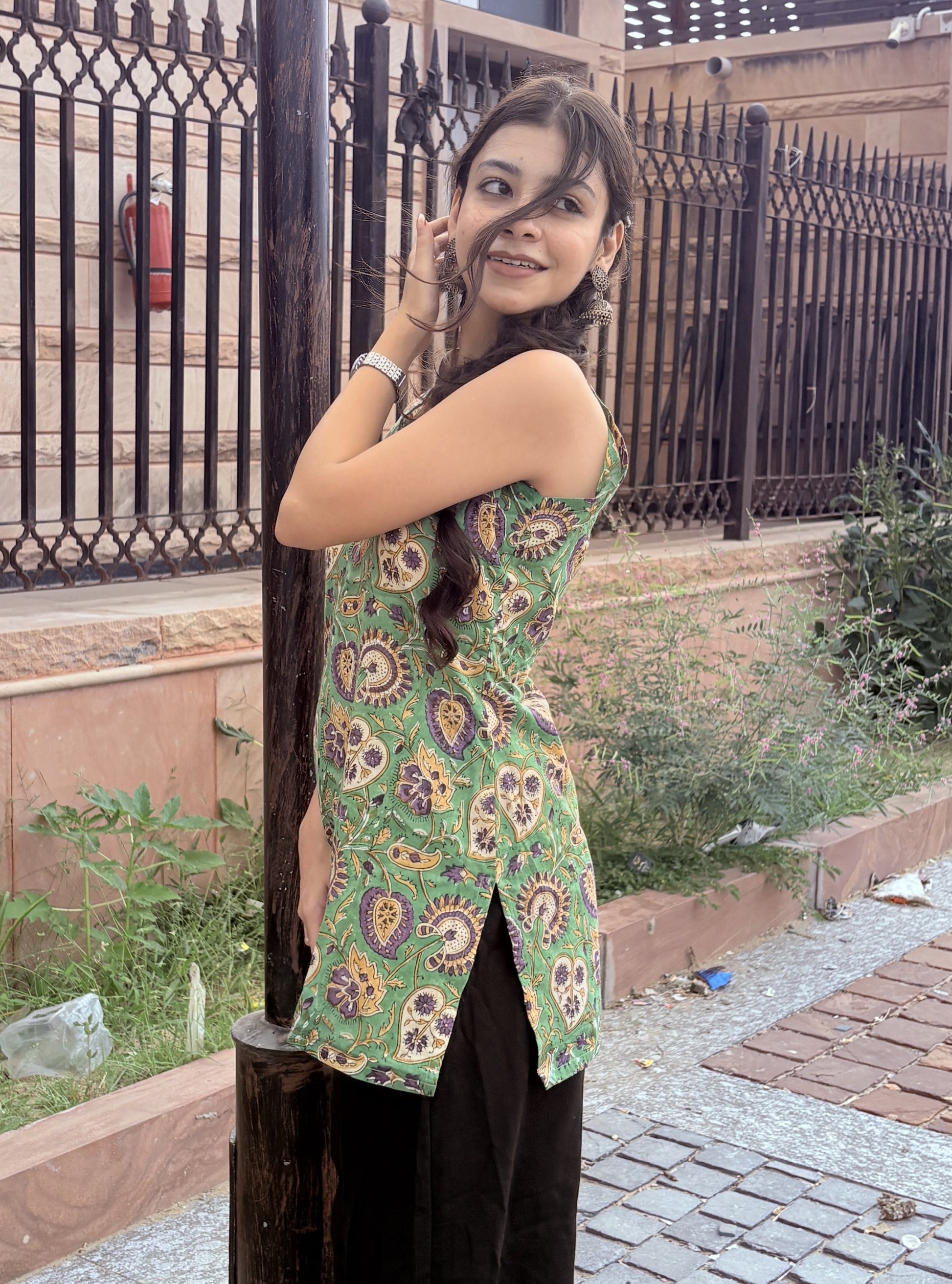 Green Manderian Collar Cotton Kurti