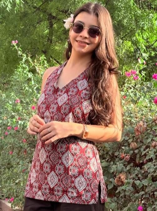 Maroon Ajrakh Halter Neck Short Kurti