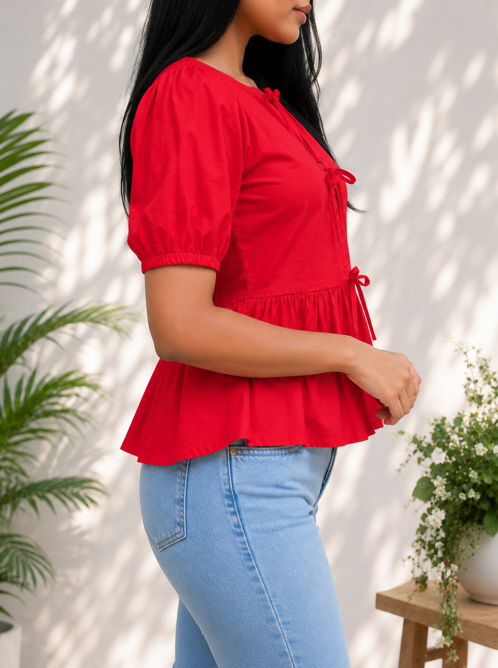 Red Poplin Peplum Bow Top