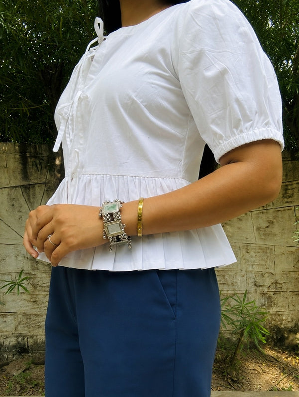 White Poplin Peplum Bow Top