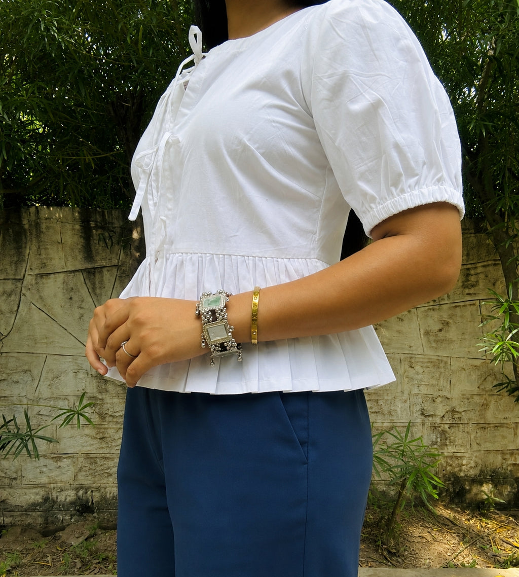 White Poplin Peplum Bow Top