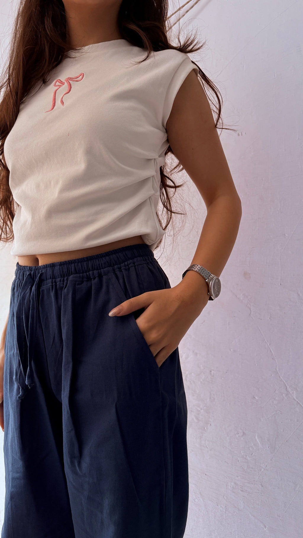 Women Cotton Flex Relaxed Straight Fit Navy Blue Trousers