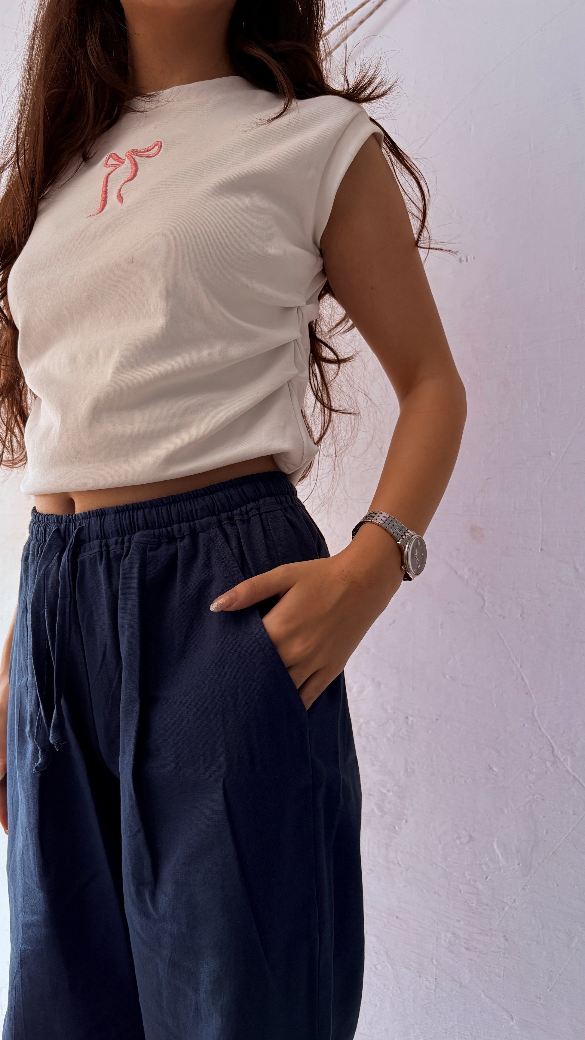 Women Cotton Flex Relaxed Straight Fit Navy Blue Trousers