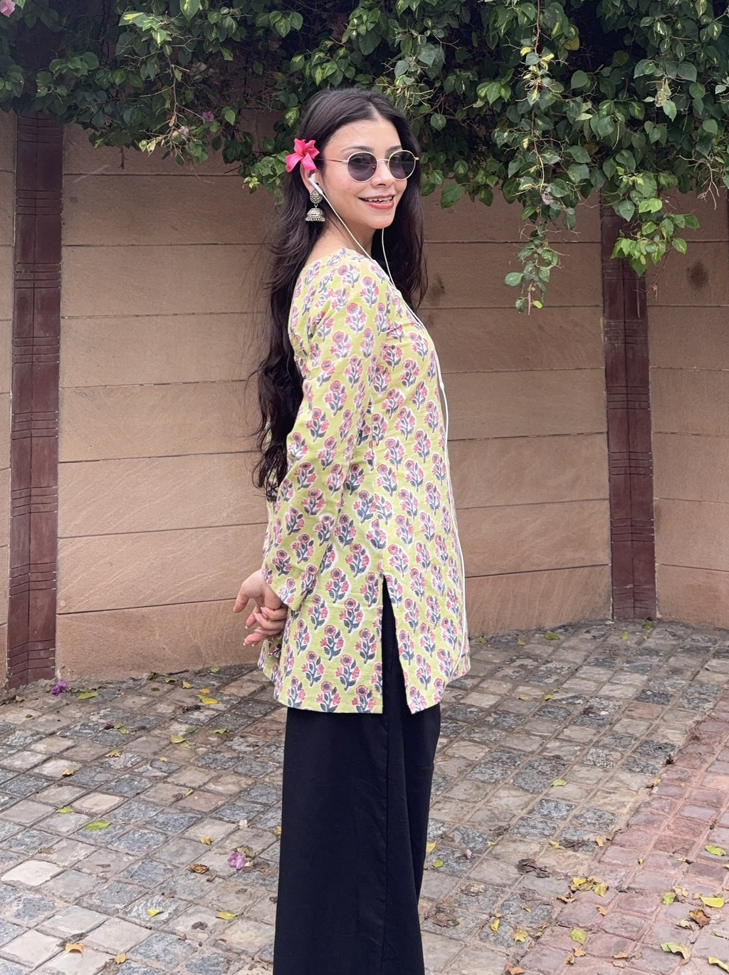 Lime Green with Cut-Out Neck Short Kurti