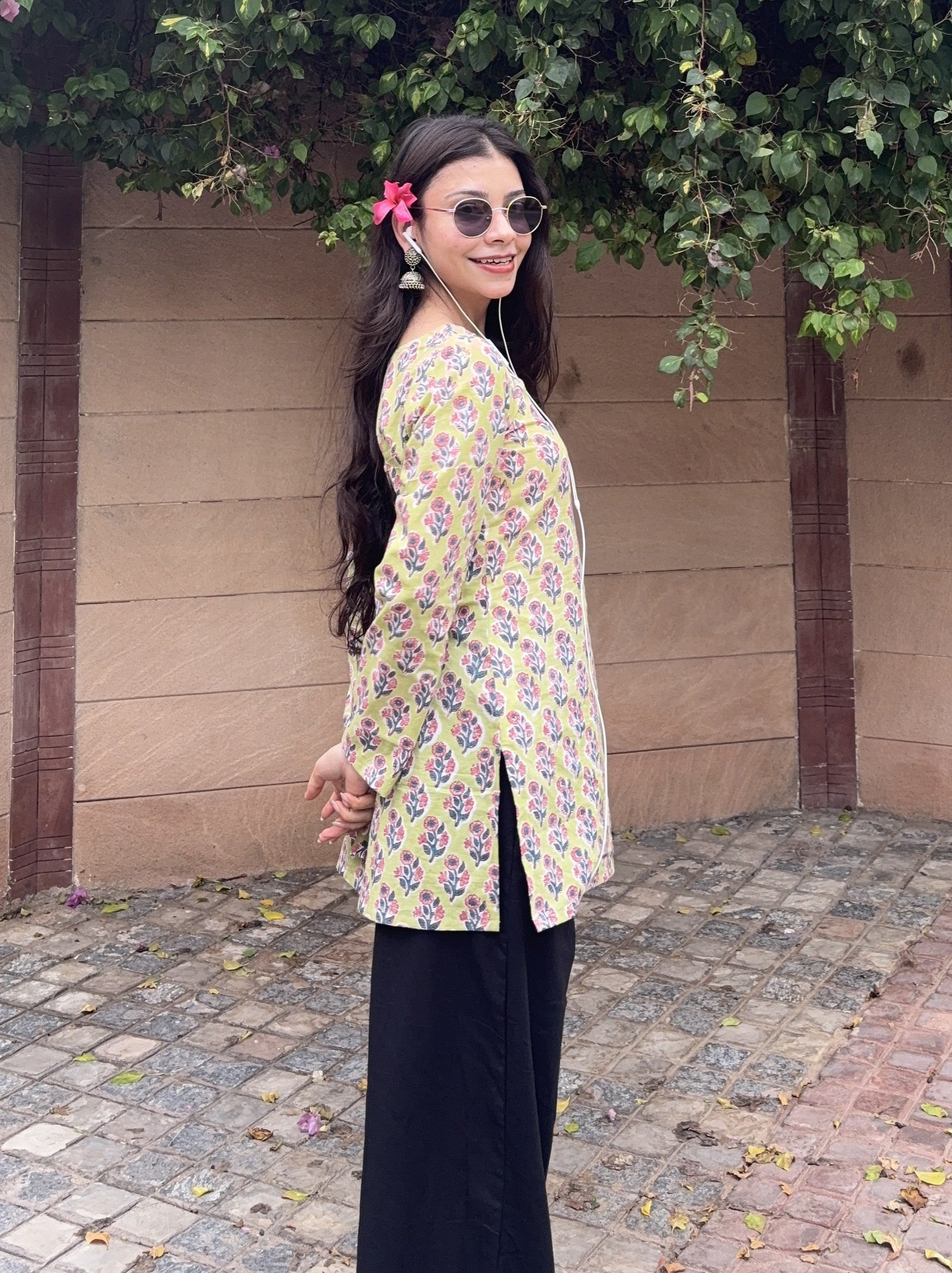 Lime Green with Cut-Out Neck Short Kurti