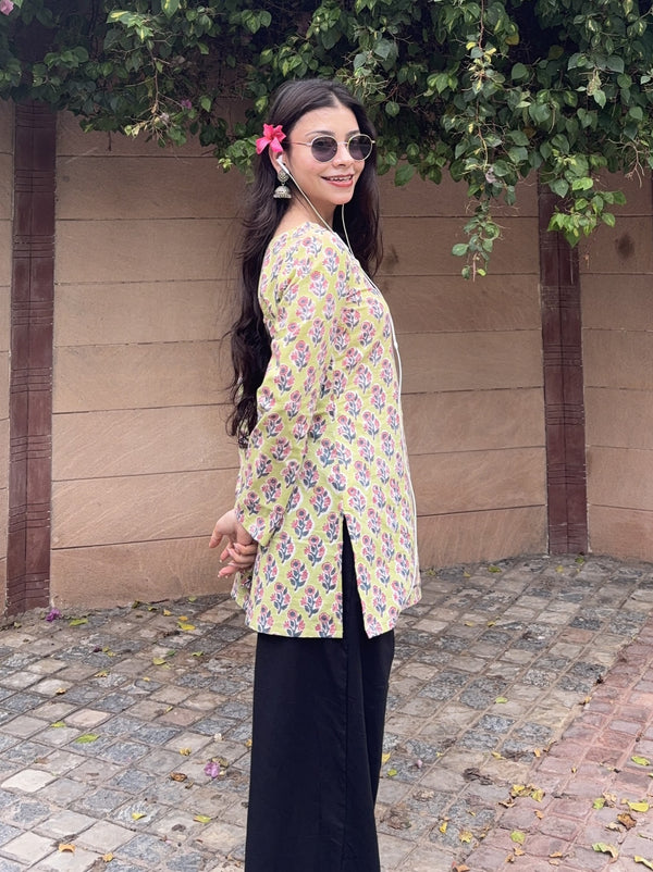 Lime Green with Cut-Out Neck Short Kurti