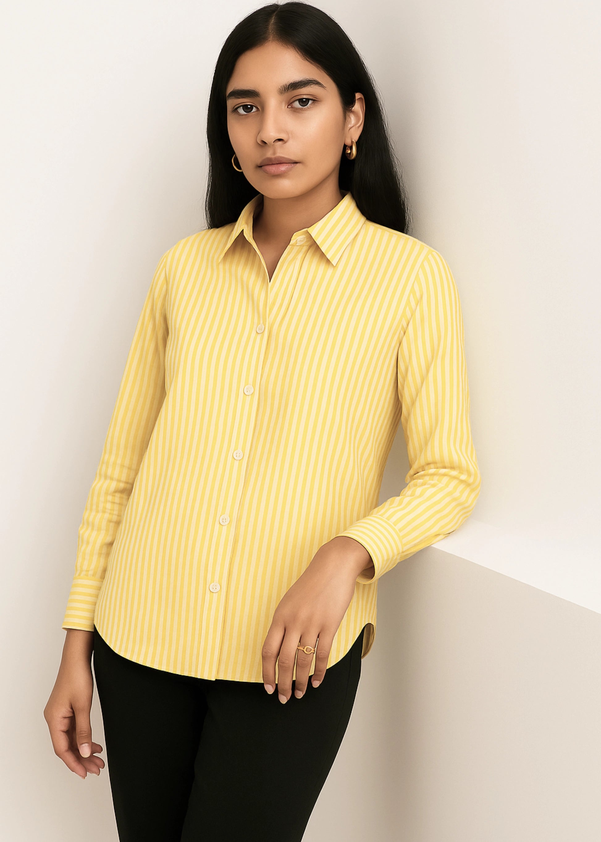 Yellow Vertical Stripe Cotton Shirt
